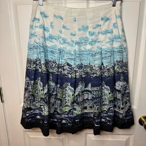Talbots Blue and White Full Pleated Skirt with Image of Venice Italy Size 12 GUC